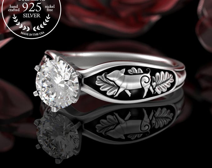 1 Carat Pig Solitaire Wedding Ring, Sterling Silver Piglet Engagement Ring, Moissanite Piggie Ring, Womens Piggy Jewelry, Farm Animal, 5013