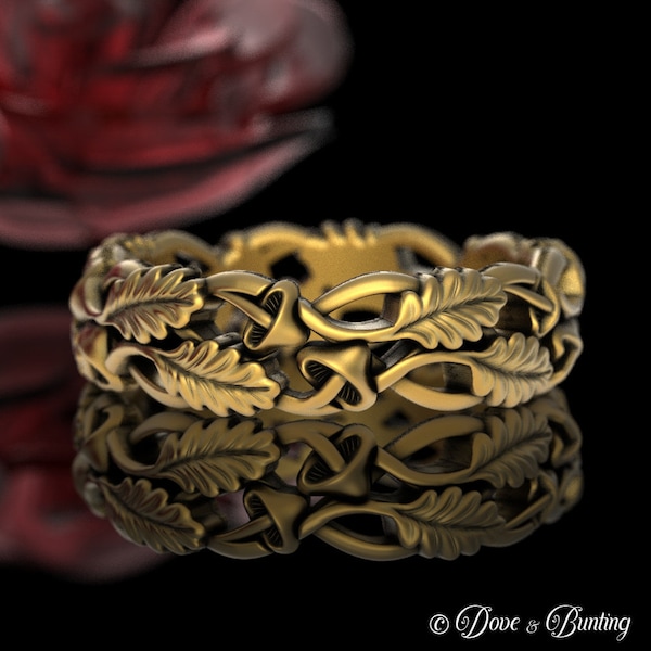 10K Gold Mushroom Nature Ring, 14K Womens Botanical Wedding Band, White Gold Pagan Handfasting, Plant Medicine Ring, Psychedelic Ring, 5301