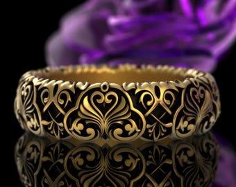 Gold/ White Gold Baroque Wedding Ring, 10K Rococo Bridal Band, Ornate 14K Gold Swan Brides Ring, Platinum Art Nouveau Scrollwork Ring, 5038