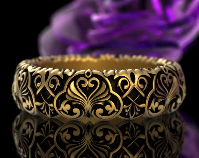 Gold/ White Gold Baroque Wedding Ring, 10K Rococo Bridal Band, Ornate 14K Gold Swan Brides Ring, Platinum Art Nouveau Scrollwork Ring, 5038