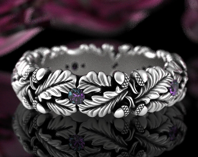 Alexandrite Oak Ring, Sterling Nature Wedding Ring, Silver Acorn Ring, Alexandrite Wedding Ring, Silver Leaf Ring, Forest Wedding, 1612