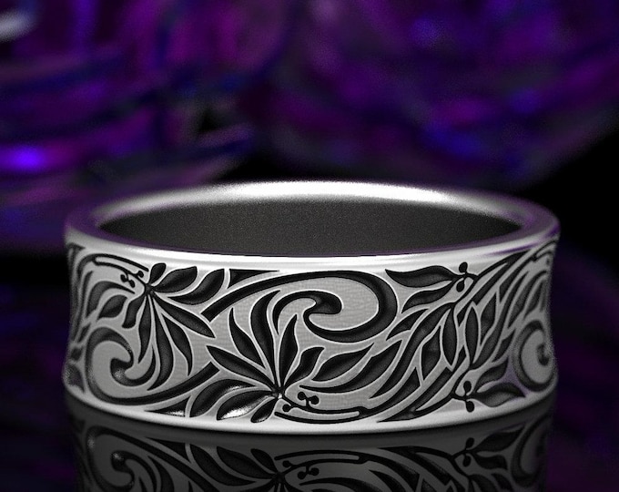 Engraved Flower Ring, Sterling Silver Floral Wedding Band, Art Nouveau Flower Band, Vintage Silver Flower Ring, Silver Art Nouveau, 1608