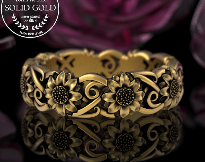 14K Gold Sunflower Wedding Ring, White Gold Summer Flower Ring, Black-Eyed Susan Ring, Art Nouveau Floral Ring, Botanical Bride Ring, 5702