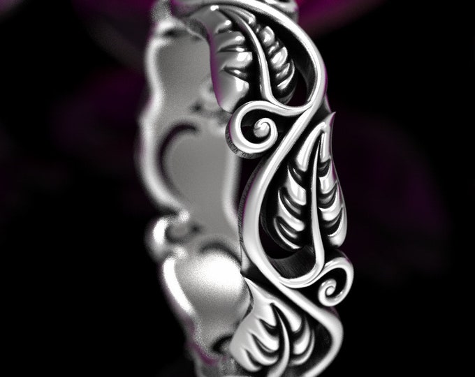 Silver Leaf Wedding Band, Sterling Art Nouveau Ring, Leaf Ring, Art Nouveau Swirl Ring, Silver Nature Wedding Ring, Silver Plant Ring, 1625