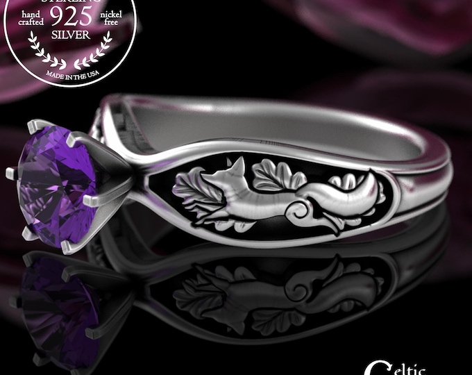 Amethyst & Sterling Bride Fox Engagement Ring, Silver Oak Forest Wedding Ring, Fox Spirit Animal Proposal, Women's Foxes Nature Ring, 3150