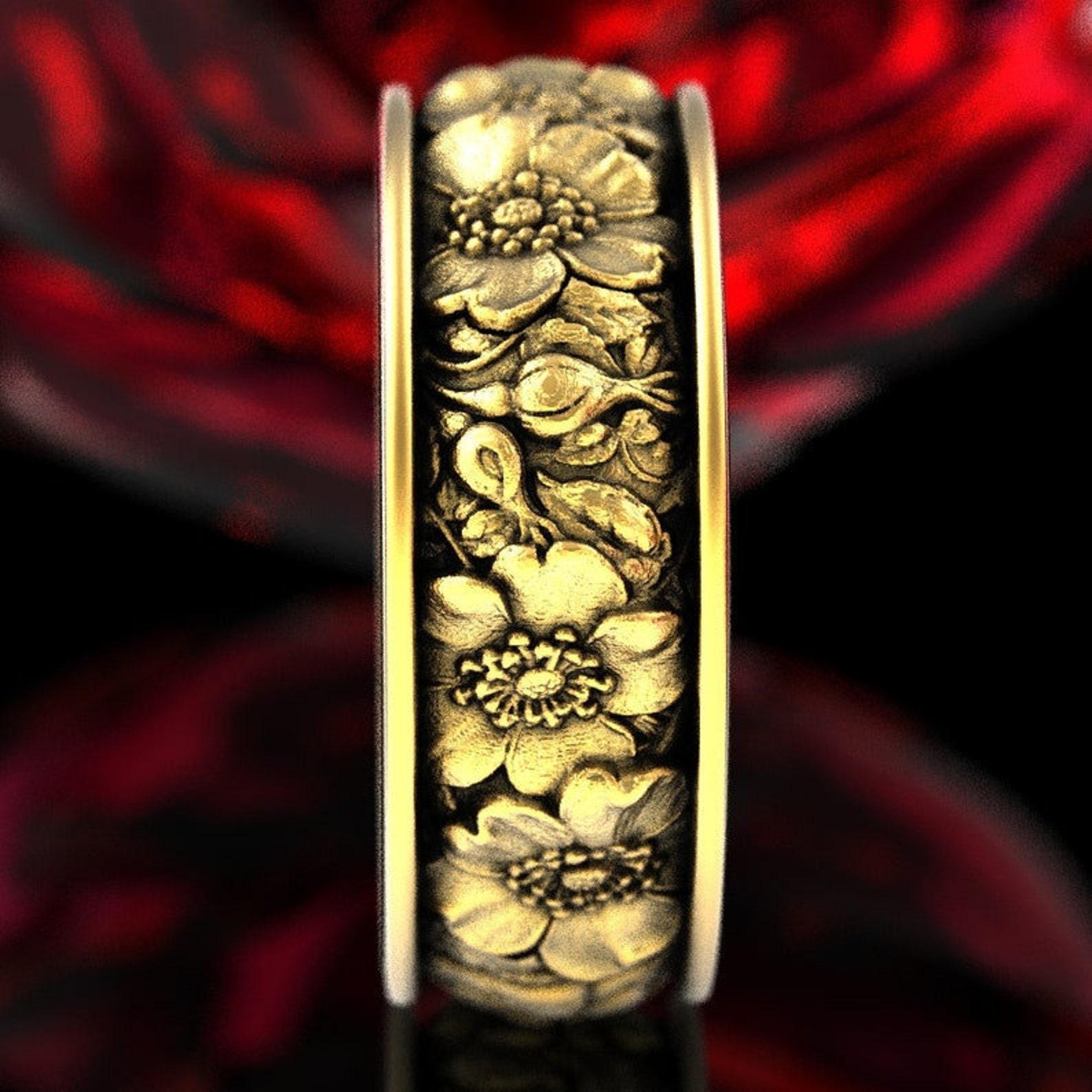 Gold Flower Wedding Ring Floral Ring Rose Wedding Band Gold Etsy