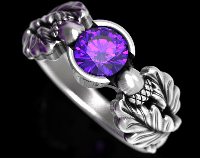 Oak Engagement Ring, Oak Leaf Ring, Sterling Silver & Amethyst Engagement Ring, Silver Leaf Ring, Amethyst Wedding Ring, Acorn Ring, 1604