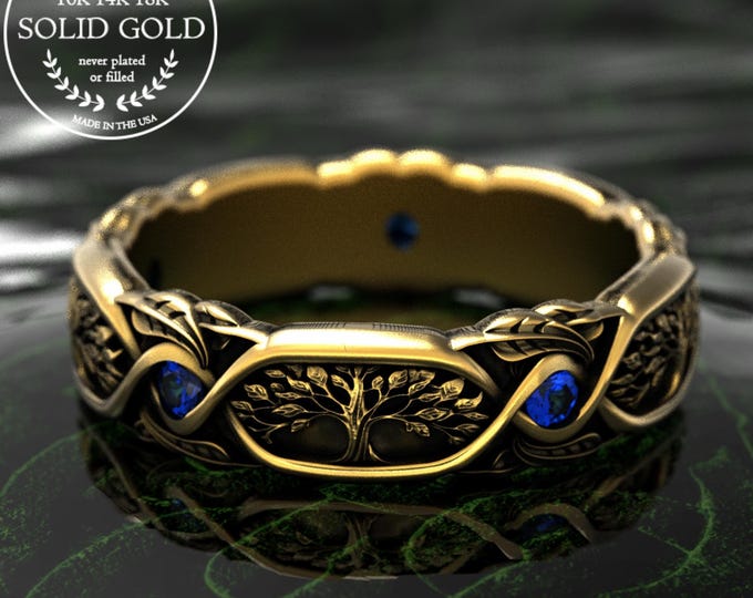 10K Gold & Sapphire Tree Wedding Ring, Women's 14K White Gold Botanical Ring, Gold Nature Elopement Ring, 18K Tree of Life Wedding Band 2003
