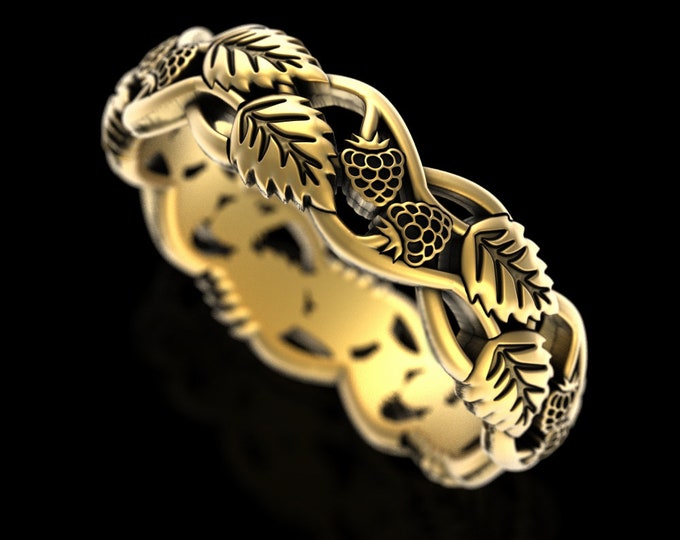 Gold Blackberry Forest Ring, 10K Botanical Wedding Band, 14K White Gold Raspberry, Womens 18K Berry Ring, Nature Witch Vegan Wedding, 5102