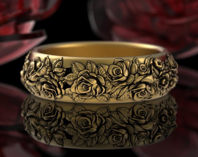 10K Rose Blossoms Ring, Woman Gold Botanical Wedding Ring, 14K Bridal Rose Wedding Band, Floral Flower Ring, Blooming Roses Art Nouveau 5034