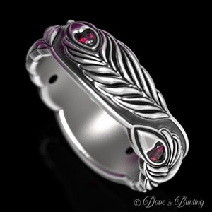 Silver Ruby Feather Ring, Sterling Silver Feather Ring, Feather Wedding Ring, Feather Wedding Band, Art Nouveau Ruby Ring, Ruby Ring, 1624