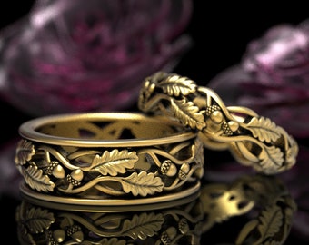 Gold Oak Ring Set, His Her Matching Rings, Gold Oak Ring Set, Gold Tree Wedding Bands, Matching Gold Wedding Set, Nature Ring Set, 1540 1647