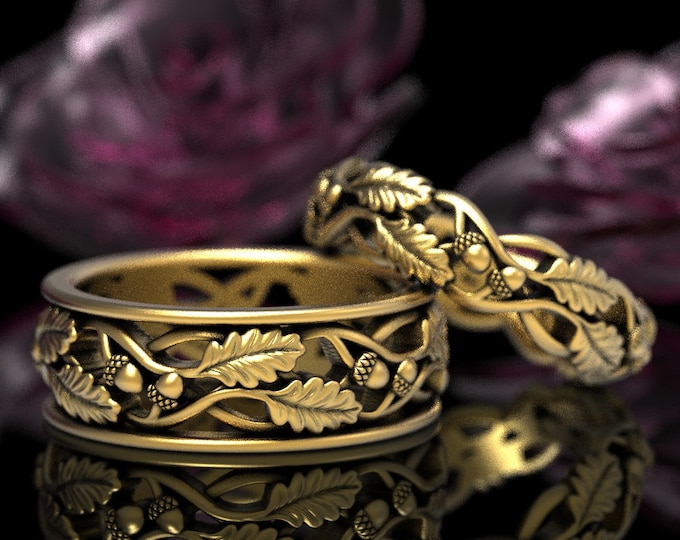 Gold Oak Ring Set, His Her Matching Rings, Gold Oak Ring Set, Gold Tree Wedding Bands, Matching Gold Wedding Set, Nature Ring Set, 1540 1647