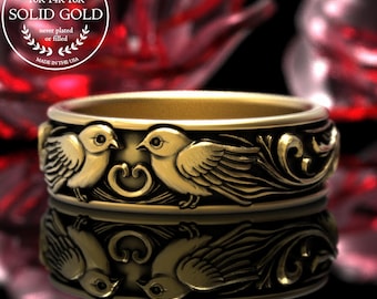 Gold Love Birds Wedding Ring, 14K Sweetheart Sparrows Anniversary, 18K Rose Gold Eternal Doves Jewelry, Platinum Kissing Finches Ring, 2069