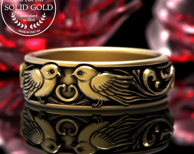 Gold Love Birds Wedding Ring, 14K Sweetheart Sparrows Anniversary, 18K Rose Gold Eternal Doves Jewelry, Platinum Kissing Finches Ring, 2069