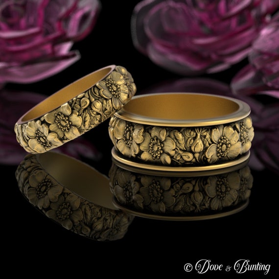 10K Wild Roses Bridal Wedding Band, 14K Gold/ White Gold