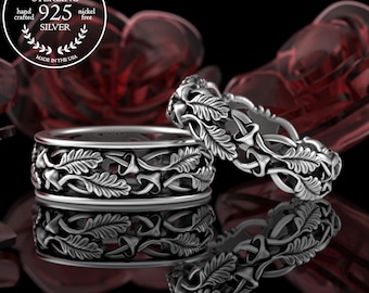Matching Mushroom Wedding Bands, Sterling His Hers Shroom Nature Rings, Silver Botanical Handfasting Wedding Set, Plant Leaf Ring, 5301 5302