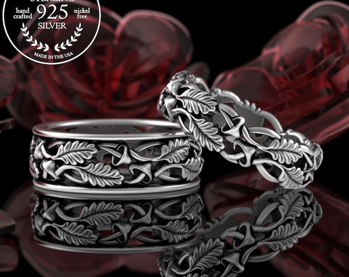 Matching Mushroom Wedding Bands, Sterling His Hers Shroom Nature Rings, Silver Botanical Handfasting Wedding Set, Plant Leaf Ring, 5301 5302
