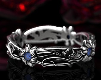 Sterling Art Nouveau Flower Ring, Sapphire Flower Wedding Band, Silver Sapphire Flower Ring, Unique Flower Wedding Ring, Daisy Ring 5018