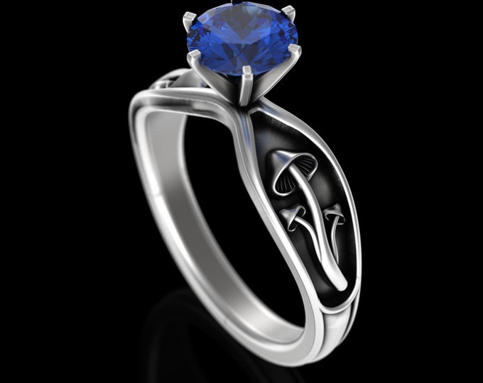 Womens Mushroom Wedding Ring, Sapphire & Sterling 1 Carat Botanical Bridal Wedding Ring, Womens Psychedelic Ring, Silver Shroom Ring, 5004