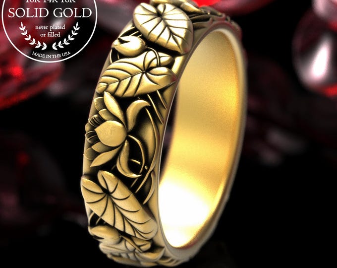 Gold Water Lily Art Nouveau Ring, 18K Lotus Blossom Ring, White Gold Meditation Jewelry, 14K Divine Botanical Ring, Sacred Beauty, 2067