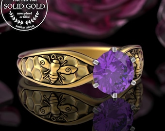 Gold Queen Bee Wedding Ring, Amethyst Honeybee Engagement Ring, 14K Yellow Bumblebee Solitaire Ring, Platinum Honeycomb Proposal Ring, 5028