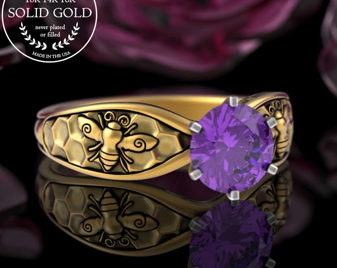 Gold Queen Bee Wedding Ring, Amethyst Honeybee Engagement Ring, 14K Yellow Bumblebee Solitaire Ring, Platinum Honeycomb Proposal Ring, 5028