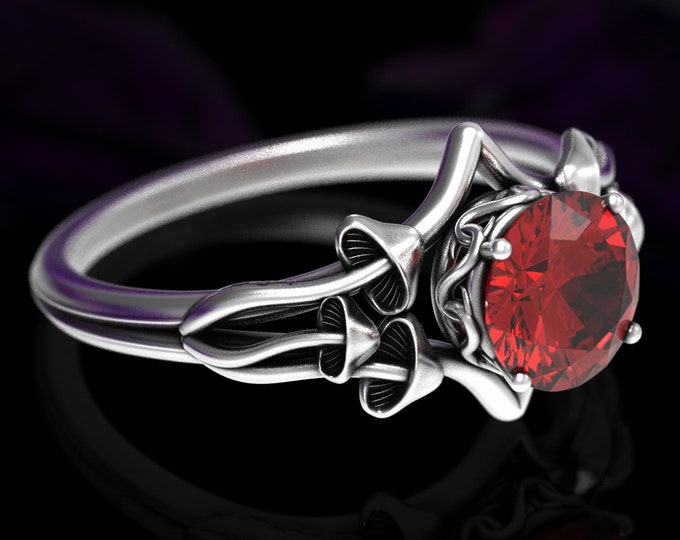 Ruby Mushroom Engagement Ring, Sterling Mushroom Ring, Botanical Engagement Ring, Silver Ruby Engagement Ring, Nature Wedding Ring, 7003