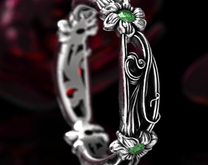 Sterling Art Nouveau Flower Ring, Emerald Flower Wedding Band, Silver Emerald Flower Ring, Unique Flower Wedding Ring, Green Daisy Ring 5018