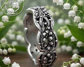 Lily of the Valley Wedding Ring, Sterling Art Nouveau Ring, Lillies Wedding Ring, Wedding Ring with Lily, Floral Wedding Band DB325-R1