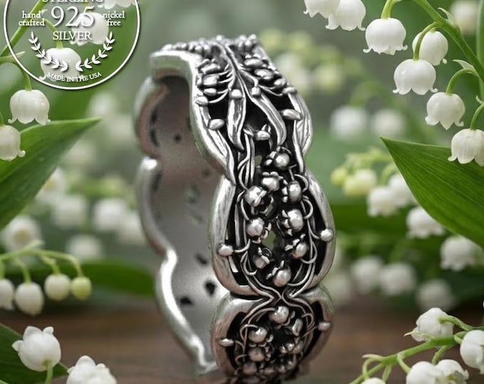 Lily of the Valley Wedding Ring, Sterling Art Nouveau Ring, Lillies Wedding Ring, Wedding Ring with Lily, Floral Wedding Band DB325-R1
