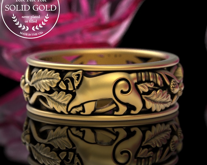 Groom's Gold Red Panda Wedding Band, 14K Men's Totem Fox-Bear Spirit Animal Ring, Platinum Asian Raccoon Ring, 18K Bear-Cat Jewelry, 5510