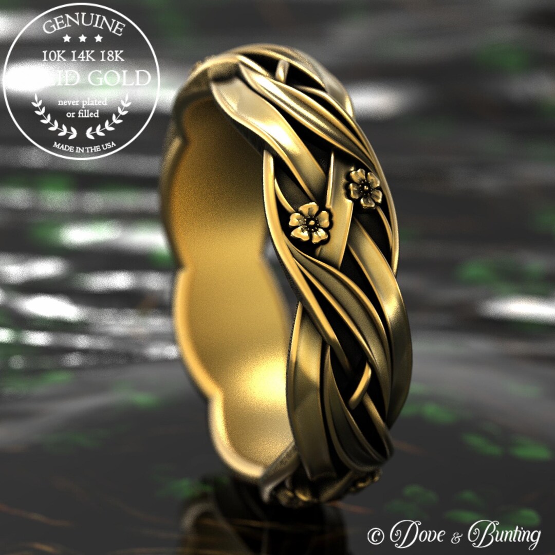 10K Woven Flower & Grass Ring, 14K Gold Meadow Flowers Wedding Band ...