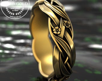 10K Woven Flower & Grass Ring, 14K Gold Meadow Flowers Wedding Band, 18K White Gold Botanical Floral Nature Ring, Prairie Flowers Ring, 2011