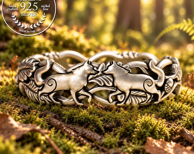 Sterling Soulmate Wolves Wedding Band, Silver Botanical Wolf Wedding Ring, Huskie Wolf Ring, Nature Spirit Animal, Two Wolves Ring, 5906
