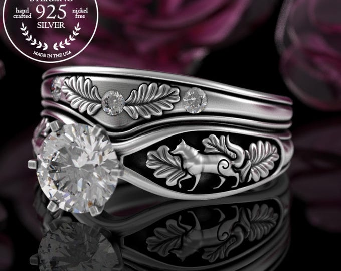 Bridal Stacking Wolves Engagement Ring Set, Sterling Womens Moissanite Wolf Solitaire, Matching Huskie Wedding Ring, Husky Wolf 5012 5014
