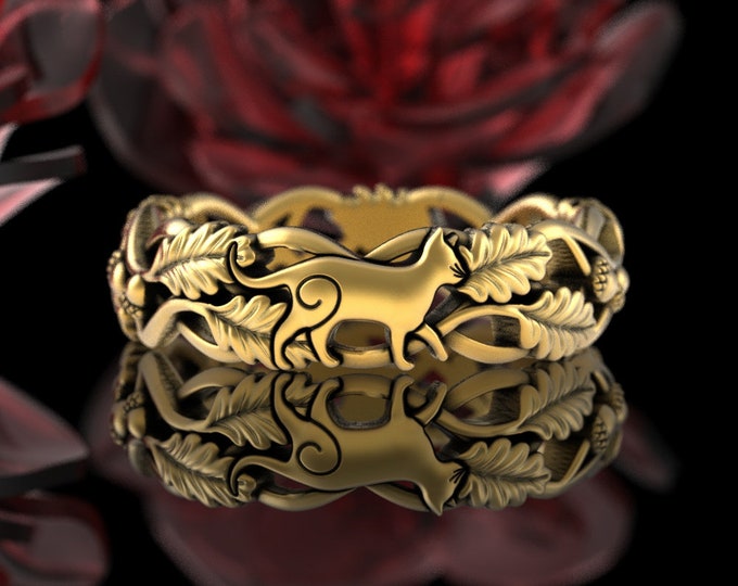 10K 14K Gold Cat & Oak Leaf Ring, White Gold Kitten Forest Wedding Band, Kitty Jewelry, Kitty Cat Wedding Ring, Platinum Nature Ring, 5535