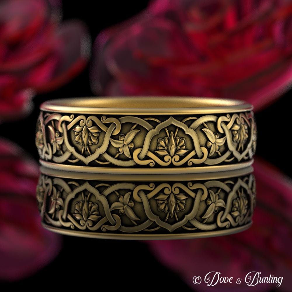 10K 14K Botanical Scrollwork Wedding Band, White Gold Art Nouveau