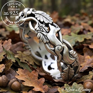 Sterling Fox & Forest Ring, Women Silver Fox Ring, Oak Leaf Tree Wedding Band, Fox Jewelry, Woodland Wedding Ring, Nature Inspired Ring 5541