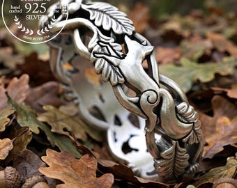 Sterling Fox & Forest Ring, Women Silver Fox Ring, Oak Leaf Tree Wedding Band, Fox Jewelry, Woodland Wedding Ring, Nature Inspired Ring 5541