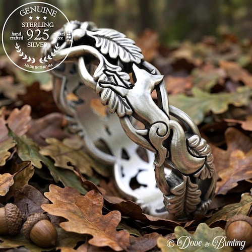 Sterling Fox & Forest Ring, Women Silver Fox Ring, Oak Leaf Tree Wedding Band, Fox Jewelry, Woodland Wedding Ring, Nature Inspired Ring 5541