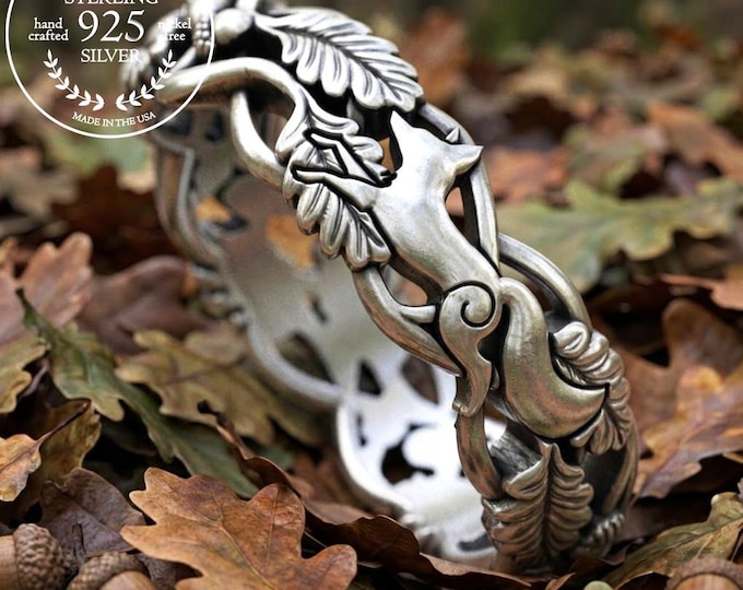 Sterling Fox & Forest Ring, Women Silver Fox Ring, Oak Leaf Tree Wedding Band, Fox Jewelry, Woodland Wedding Ring, Nature Inspired Ring 5541