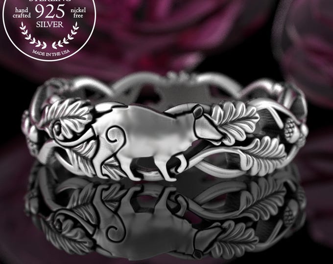 Silver Opossum & Forest Ring, Sterling Virginia Possum Wedding Band, Opossum, American Possum Spirit Animal, Baby Possum Joey Ring, 5526