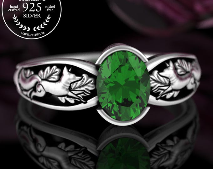 Emerald Oval Fox Engagement Ring, Sterling Oval Amethyst Nature Wedding Ring, Silver Bezel Oak Forest Statement Ring, Foxes Proposal, 5055
