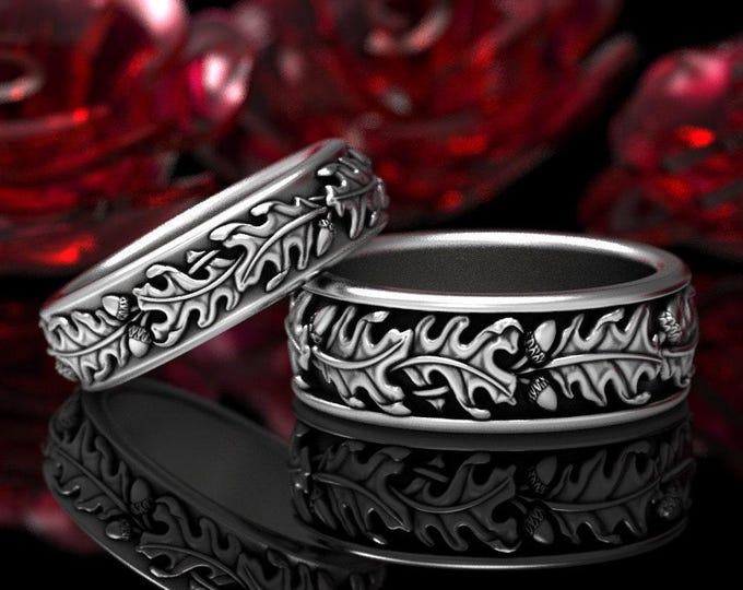 Sterling Leaf Ring Set, Silver Matching Oak Wedding Bands, Matching Acorn Rings, Silver His Hers Nature Rings, Matching Oak Rings, 1888 1889