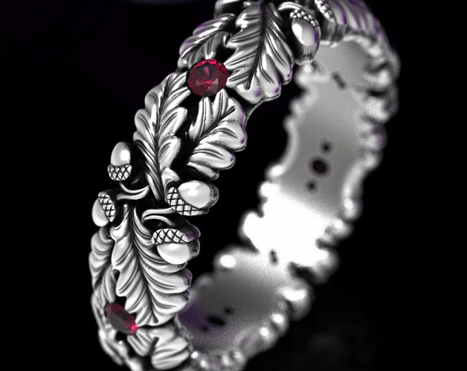 Sterling Silver Oak Ring, Ruby Wedding Ring, Silver Acorn Ring, Nature Wedding Ring, Silver Leaf Ring, Oak Ring, Forest Ring, 1612