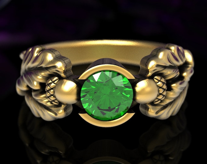 Gold Emerald Engagement Ring, Gold Acorn Ring, Nature Engagement Ring, Gold Leaf Wedding Ring, Oak Tree Ring, Gold Tree Wedding Ring, 1604