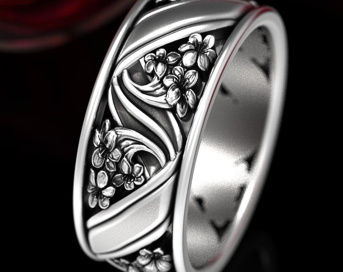 Lily Flower Ring, Floral Wedding Ring, Sterling Silver Flower Wedding Ring, Art Nouveau Wedding Band, Botanical Wedding Band, 1520