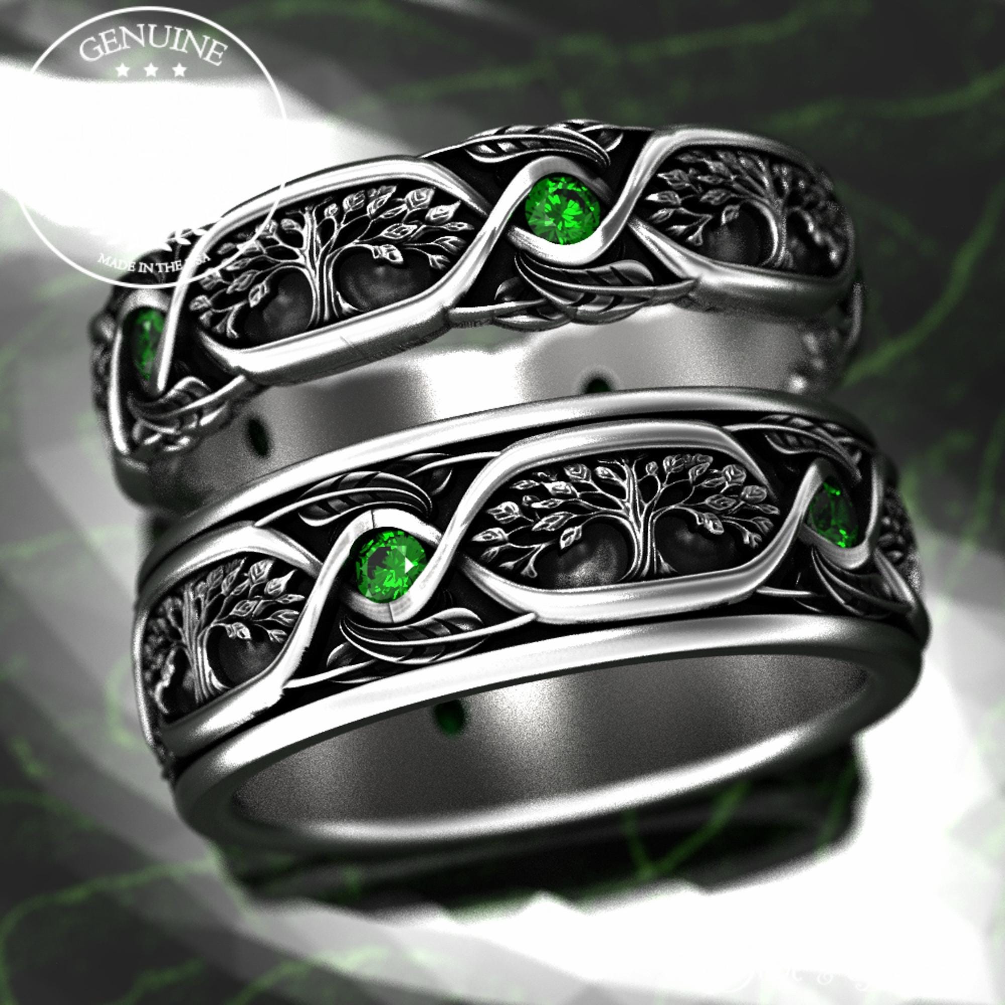 Matching Emerald Tree Wedding Ring Set, Sterling Forest His Hers Rings Matching Emerald Tree Wedding Ring Set, Sterling Forest His Hers Rings