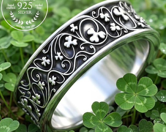 Groom's Sterling Shamrock Ring, Silver Welsh Clover Ring, Men's Lucky Clover Ring, Art Nouveau Wedding Band, Botanical Irish Jewelry, 2018